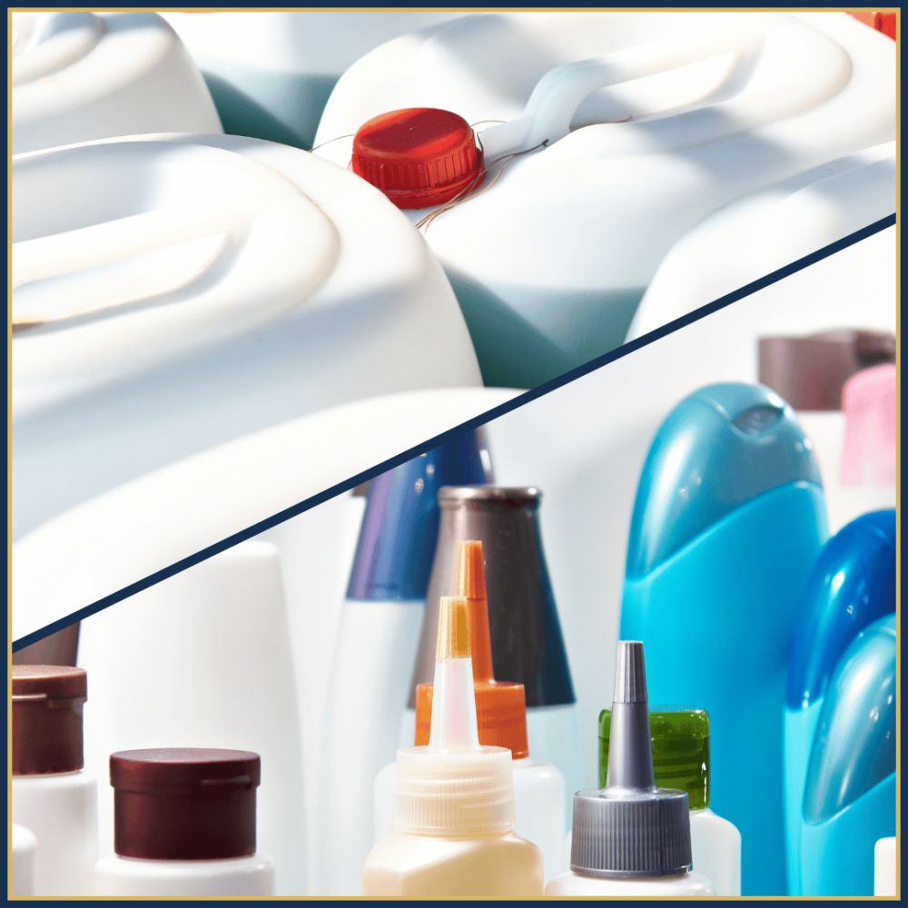 An image composition with plastic canisters and various plastic containers for shampoo, shower gel and more