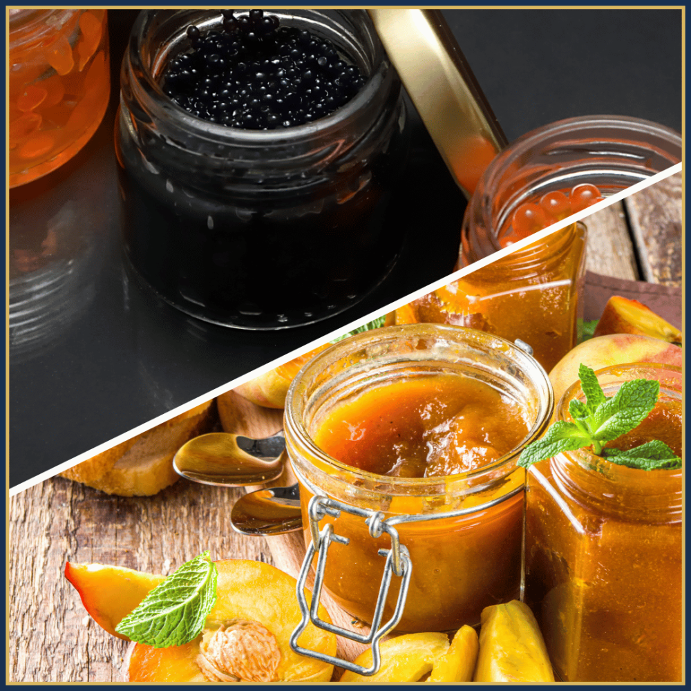 Jars filled with red and black caviar, wire hanger jars and screw-top jars with homemade jam and compote