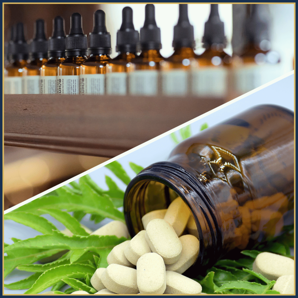 A row of dropper bottles and a brown jar with a screw cap from which a few tablets fall onto a fern plant.